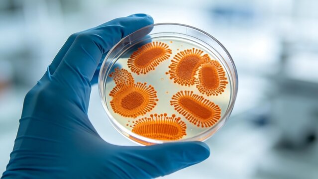 Microscopic view of orange microorganisms in petri dish