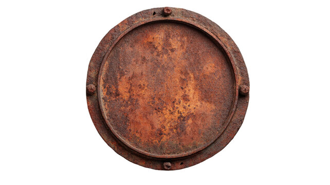 rusty round metal hatch cover industrial steel plate corrosion texture grunge surface isolated on white background 