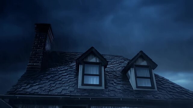 Dramatic thunderstorm lightning strikes over a dark house roof with dormer windows and chimney, storm,.