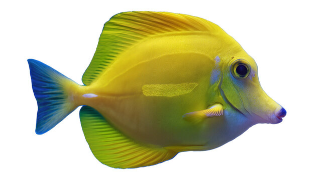 Vibrant yellow tang fish with blue accents on its tail and fins, gracefully swimming isolated on transparent background for marine designs