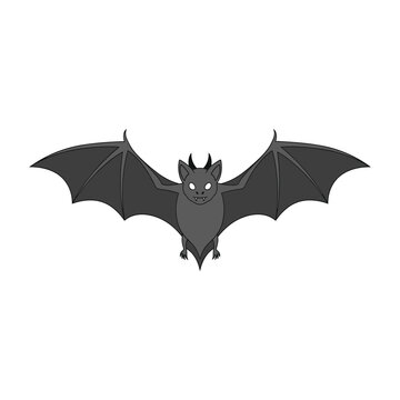 A cartoon illustration of a dark gray bat with spread wings, small horns, and visible fangs, set against a plain white background