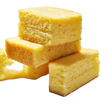Stack of yellow cake or sponge cake pieces isolated on transparent background