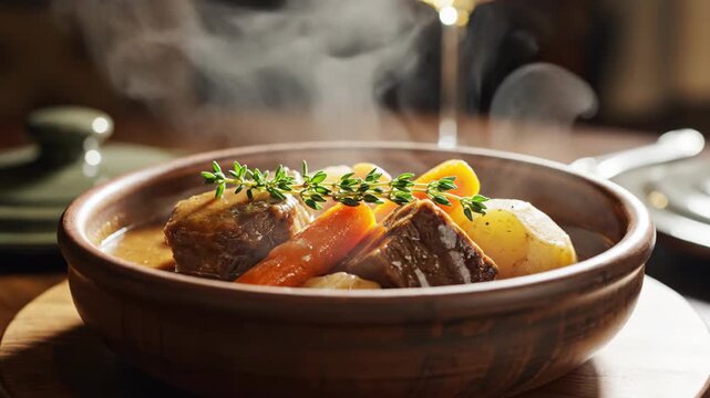 Steaming beef stew with vegetables in a rustic bowl. Hand garnishing hot meat and potatoes with fresh thyme. Traditional gourmet comfort food