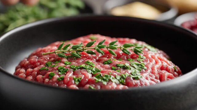 Close-up of a hand placing a sprig of fresh thyme on raw ground lamb in a black bowl. Chef preparing seasoned minced meat with herbs for a gourmet meal. Cooking concept