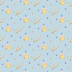 Seamless Easter pattern with decorated cakes, pussy willow branches, and colorful eggs on pastel blue background, festive seasonal design for wrapping paper and holiday decor © Lipitorika