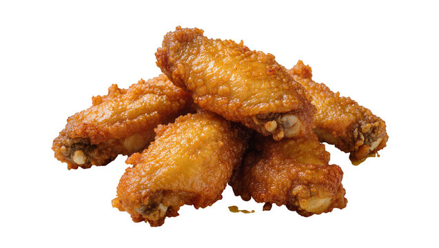 Crispy golden fried chicken wings perfectly seasoned and glistening with oil, isolated on transparent background for menus and promotional materials