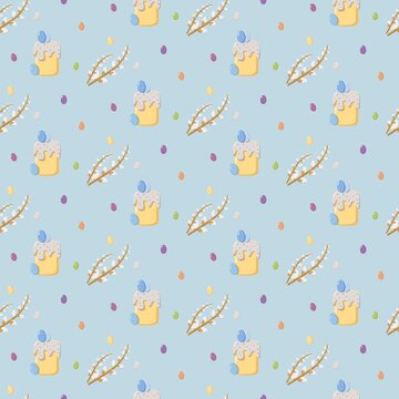 Seamless Easter pattern with decorated cakes, pussy willow branches, and colorful eggs on pastel blue background, festive seasonal design for wrapping paper and holiday decor