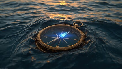 Compass floating on ocean water at sunset, guiding the way