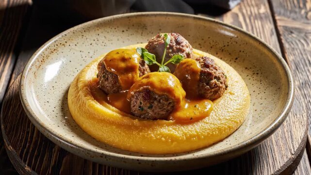 A chef pours hot sauce over delicious meatballs. A gourmet dish with meatballs and polenta puree served in a rustic bowl on a wooden table.
