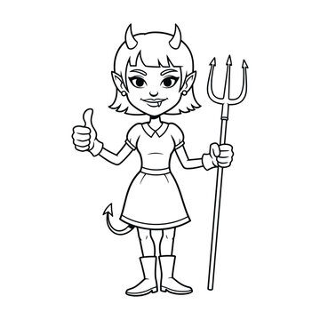 A smiling cartoon she-devil character with horns and a tail, holding a trident and giving a thumbs up