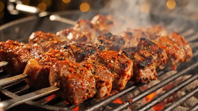 Grilling juicy lamb skewers on a charcoal barbecue. Close-up of seasoned shish kebab meat sizzling and smoking over hot coals