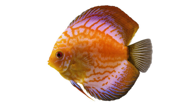 Vibrant orange and purple discus fish with intricate patterns, displaying elegant fins isolated on transparent background for aquatic designs