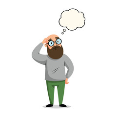 Fototapeta premium A cartoon illustration of a confused bald man with a beard and glasses, scratching his head with a thought bubble above him
