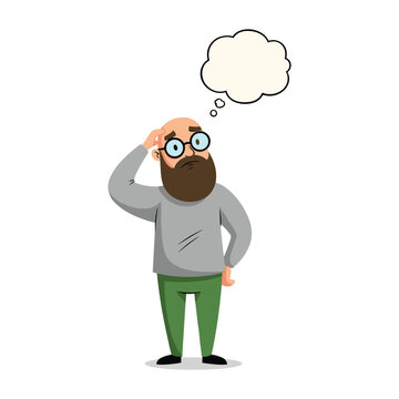 A cartoon illustration of a confused bald man with a beard and glasses, scratching his head with a thought bubble above him