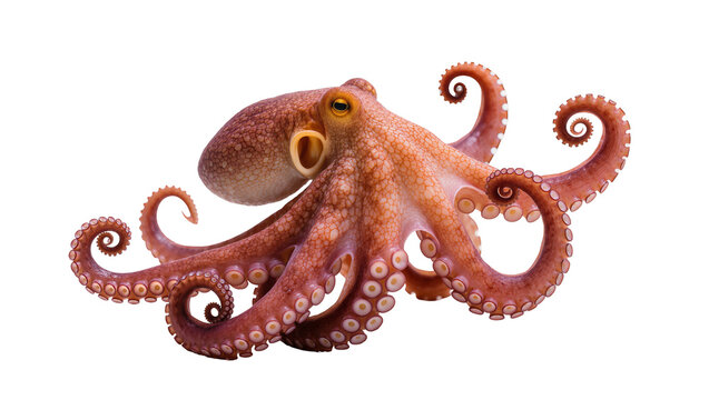 Detailed brown octopus with textured skin and curled tentacles, gracefully posed isolated on transparent background for marine biology studies