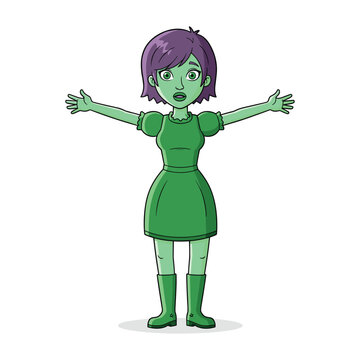 A cartoon illustration of a green-skinned woman with purple hair standing with open arms, looking surprised