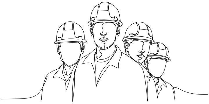 Minimalist continuous line drawing of construction workers wearing safety helmets symbolizing teamwork, leadership, collaboration, safety, and professionalism in industrial environments