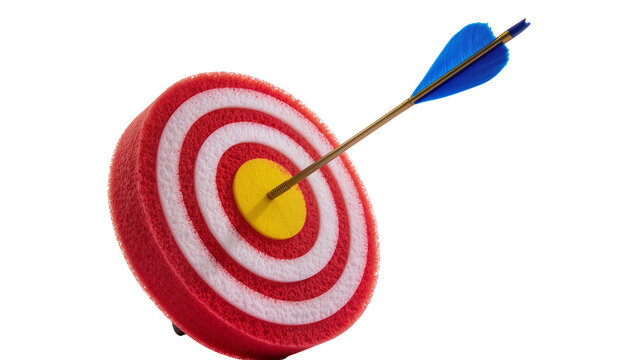 Worn red target with concentric yellow white and red rings pierced by a blue and silver arrow, isolated on transparent background for marketing
