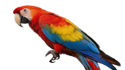 Fototapeta premium Vibrant scarlet macaw parrot perched with outstretched claw displaying brilliant plumage of red yellow blue and green, isolated on transparent background for design