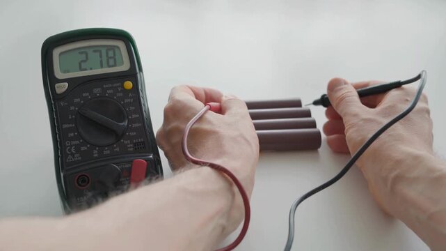 Person using a digital multimeter to measure voltage with batteries