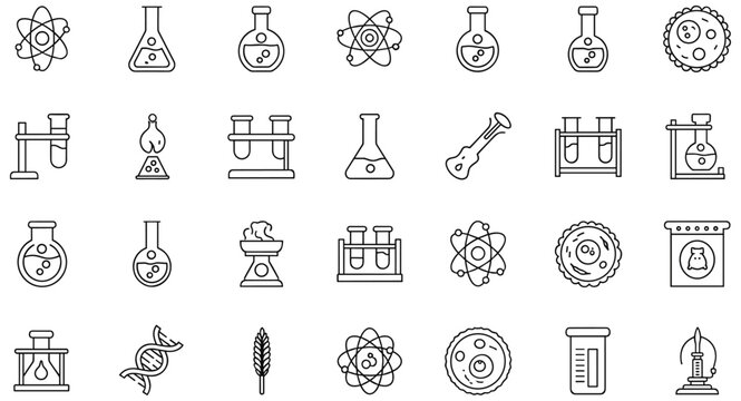 "Science and laboratory line icons set with chemistry tools, glassware, molecules, microscopes, experiments, research, education, and scientific discovery concepts"