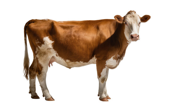 Brown and white Holstein cow standing in profile displaying its udder and muscular legs, isolated on transparent background for farm advertising