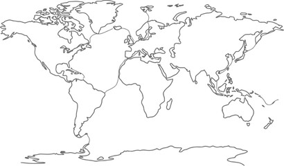 Fototapeta premium Simple black and white outline of a world map showing all continents and major islands