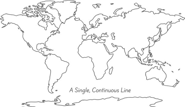 Minimalist world map sketch created with a single continuous line on a plain white background.