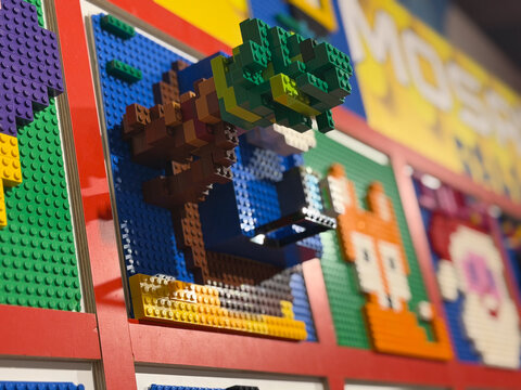 Colorful lego mosaic display with 3d tree