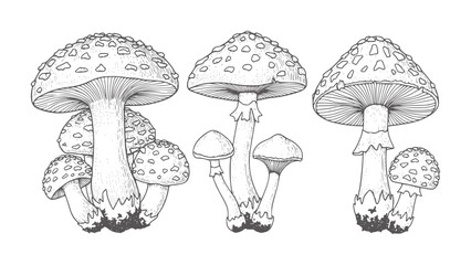Three groups of black and white line toadstool mushrooms fungus nature wild © Md