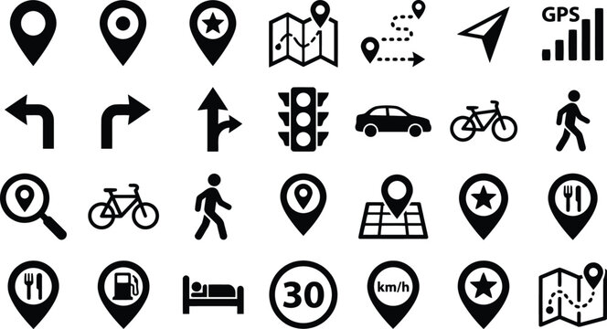 A comprehensive set of navigation and gps icons for map applications and travel routing