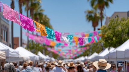 Fototapeta premium Colorful papel picado at street festival: vibrant cultural celebration
