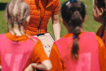 Soccer Coaching Session; Youth Football Coach Explaining Tactics to Kids During Training