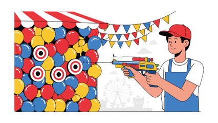 Carnival Games and Target Practice: A captivating illustration showcases a carnival game scene, where a person aims a toy gun at colorful balloons with bullseye targets. © mahmuda428