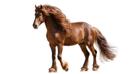 Majestic chestnut brown horse with flowing mane and tail, powerfully trotting forward isolated on transparent background for animal themes © Vetle