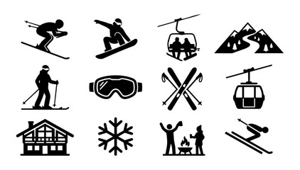 Ski Resort Silhouette Icons Set – Skiing, Snowboarding, Lift, Mountain and Winter Vacation Collection © Mediasegment