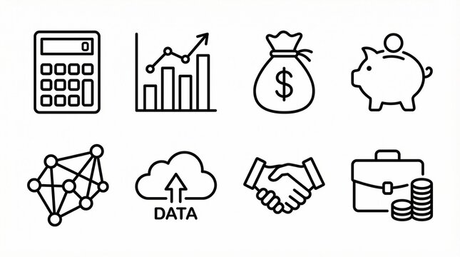 Finance and business icon set with calculator, charts, money bag, piggy bank, network, cloud, handshake, minimal outline vector style