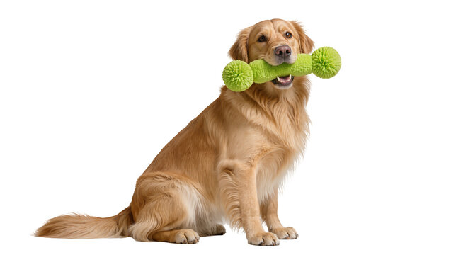 Golden Retriever playfully holding two bright green rope dog toys in its mouth, isolated on transparent background for pet care promotions
