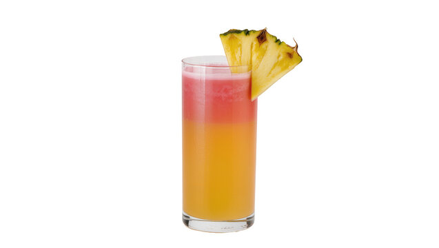Layered tropical fruit cocktail with vibrant orange and pink hues garnished with a fresh pineapple wedge, isolated on transparent background for beverage promotions