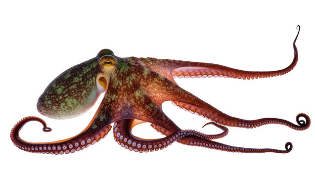 Detailed brown octopus with mottled skin texture and eight long tentacles, isolated on transparent background for marine biology studies