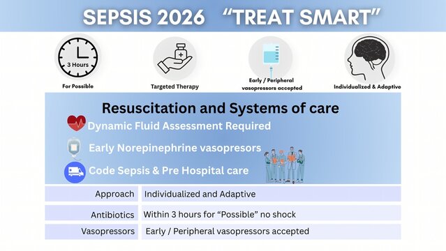 An informative Sepsis 2026 infographic outlining smart treatment strategies, early intervention steps, and adaptive care guidelines for improved patient outcomes.