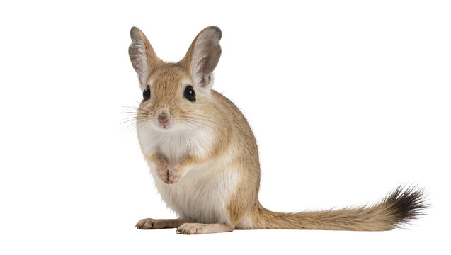 Cute gerbil with soft brown fur and long fluffy tail, attentively posing isolated on transparent background for animal themed designs