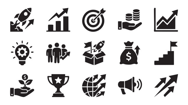 A collection of professional vector graphic icons illustrating key concepts related to startup growth business finance success strategy and achievement for presentation design