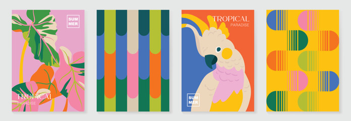 Summer tropical poster set vector. Retro botanical leaves, white cockatoo wall art and geometric abstract patterns in pink, coral, orange and green for home decor prints and tropical backgrounds. © TWINS DESIGN STUDIO