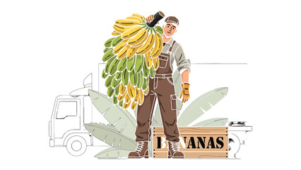Harvest of Abundance: A worker carries a large bunch of bananas, next to the truck ready for transport, illustrating themes of agriculture and production.  © mahmuda428