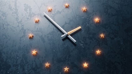 Clock with shining star markers showing time on textured surface