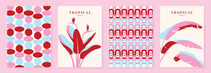 Naklejka premium Summer tropical poster set vector. Midcentury modern bird of paradise flower, abstract oval pattern, retro arch geometric background and botanical leaf wall art in pink, red and light blue.