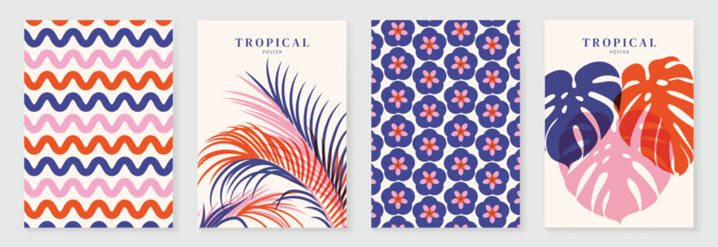 Summer tropical poster set vector. Midcentury modern botanical leaf wall art with abstract block pattern and retro wave geometric background in blue, navy, pink and orange for home decor prints.
