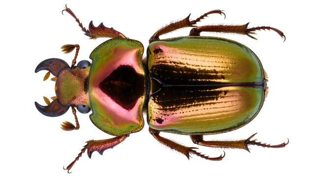Exotic iridescent beetle, shiny green and rose gold carapace, intricate insect details