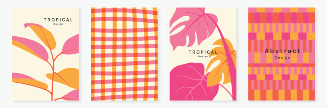 Tropical paradise summer poster set vector. Retro botanical leaf wall art collection with geometric patterns in peach pink orange and green. Decorative background design for home decor posters.